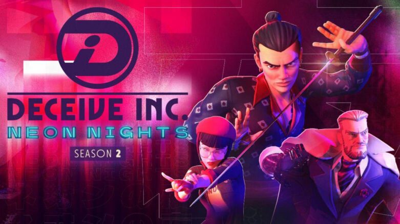 Uma imagem promocional da atualização Neon Nights da Deceive Inc com dois personagens em novos cosméticos cyberpunk e o novo Agente Sasori