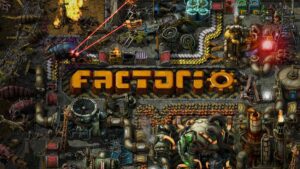 Promotional artwork with logo for Factorio.