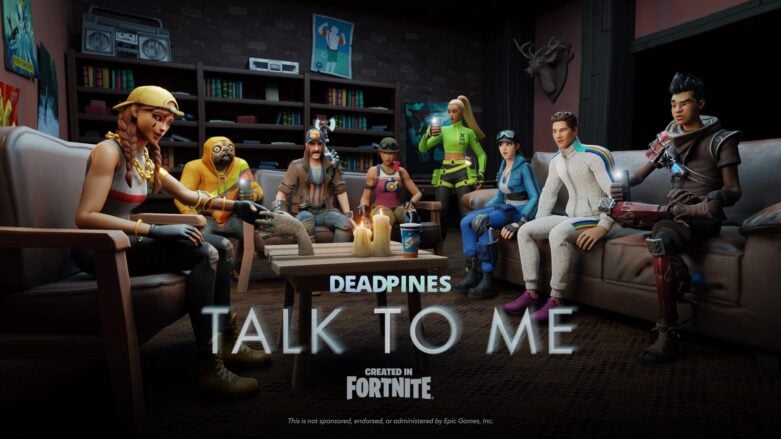 Um elenco de diferentes personagens clássicos do Fortnite está sentado dentro de uma mansão escura