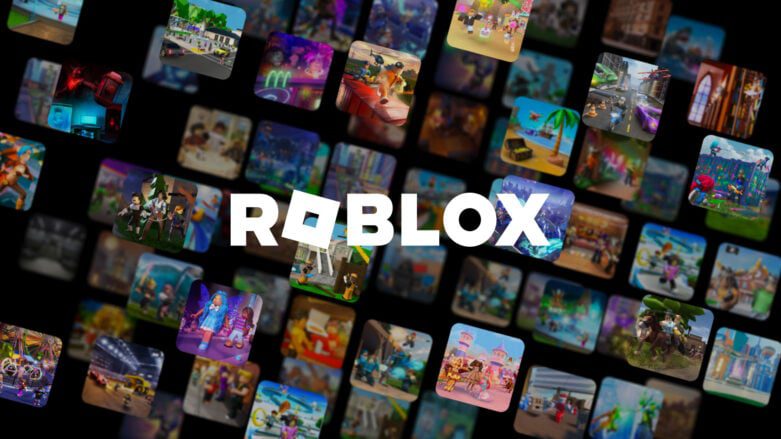 Logotipo do Roblox sobre vários ícones de jogos do Roblox.