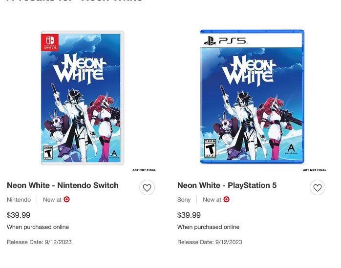 Edições físicas Neon White no site da Target para PlayStation 5 e Nintendo Switch