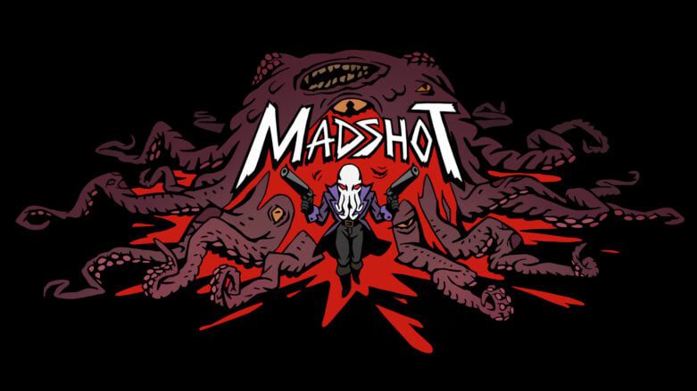 O personagem principal de Madshot está com armas de empunhadura dupla apontando para cima