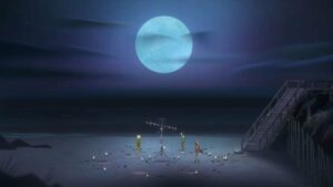 Three characters from Oxenfree 2 standing on a beach with the full moon out.