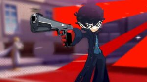 Joker holding gun in a dark trench coat with mask on in Persona 5 Tactica.