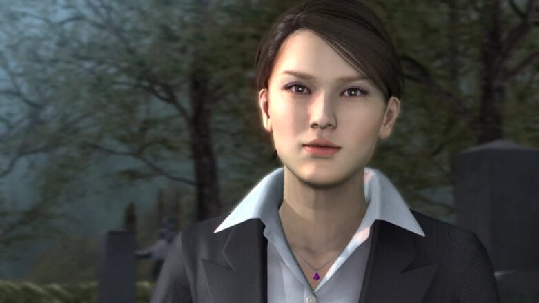 Uma captura de tela de Yakuza 3 mostrando Sayama Kaoru parado em um cemitério