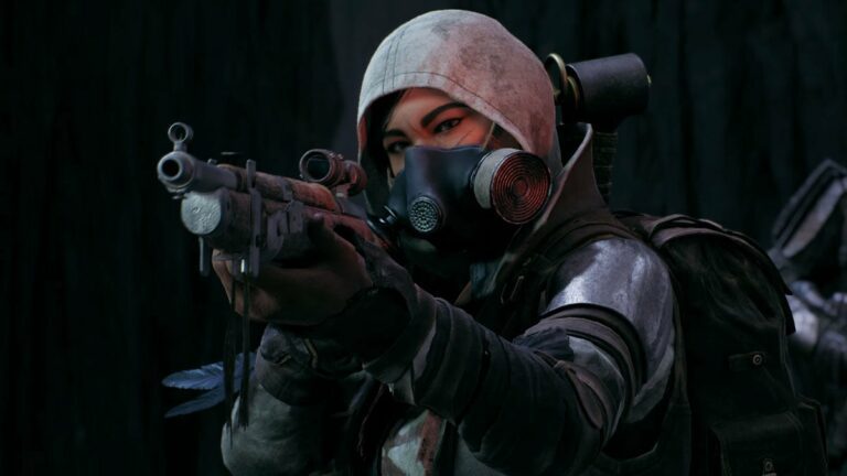 Hunter archetype from Remnant 2 in a white hood aiming a weapon.