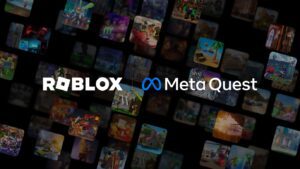 Roblox and Meta Quest logo over game images from Roblox.