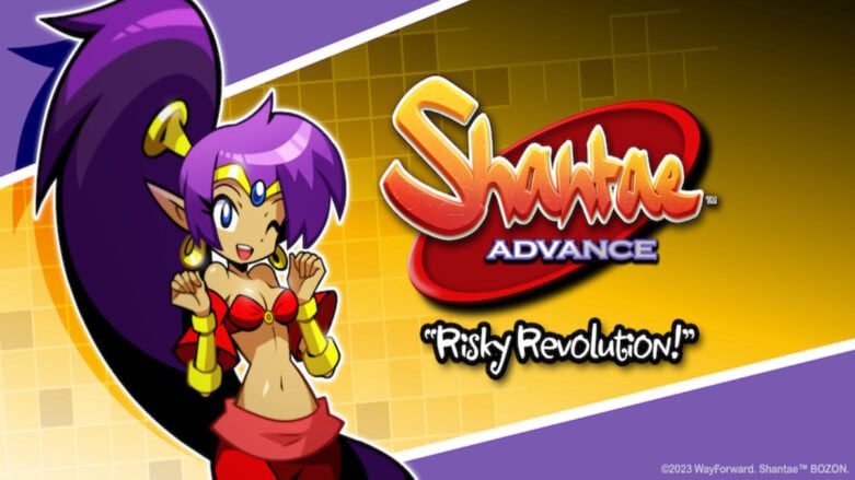 Shantae parece animado ao lado de um logotipo de Shantae Advance: Risky Revolution