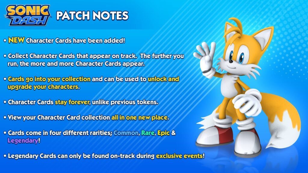 Notas de patch dos Sonic Dash Cards