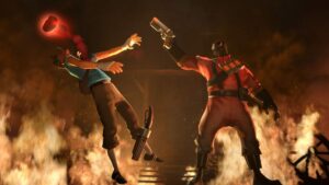 Demoman firing a flare at the Scout class in Team Fortress 2.