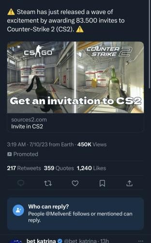 Uma captura de tela de um tweet de anúncio promovido no Twitter dizendo que o Steam está distribuindo milhares de códigos do Counter Strike 2