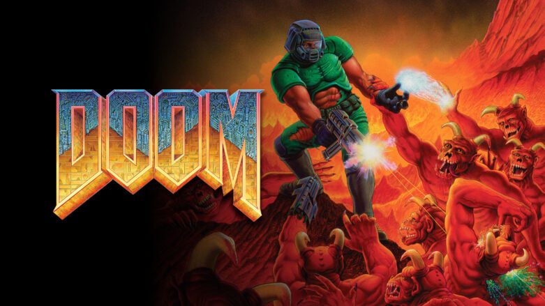 O logotipo Original Doom na arte mostrando o Doomguy atirando em demônios