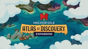 The Atlas Discovery Banner for Melvor Idle over a large sea with a boat and some rocks