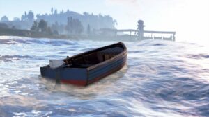 A rowboat from Rust sitting on waves with a shore in the distance