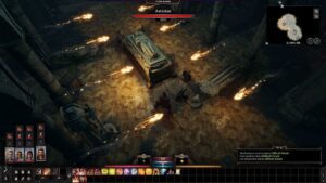 A screenshot of Baldur's Gate 3, as four companions try and survive against difficult terrain and fire in the turn-based combat system