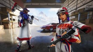 Two Fortnite characters in Marco Polo clothes, standing in a garage