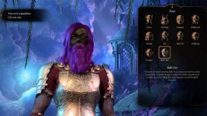 A screenshot of the Guardian character customization in Baldur's Gate 3. The half-orc has a rather fine pink beard