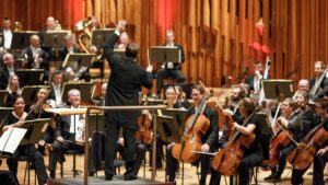 A conductor in a suit waves a wand in front of an orchestra of a couple dozen people dressed similarly, seated and playing instruments