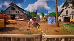 A screenshot from the Fortnite Chapter 4, Season 1 Launch trailer showing a character hurdling over a half wall