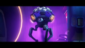 A floating droid with robot tentacle arms in front of a corner with a purple hue