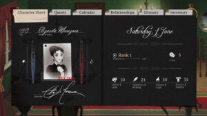 The character sheet from Cabernet, showing the main character's portrait and her level at certain skills