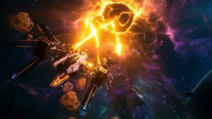 Spaceship in Everspace 2 firing at asteroid.