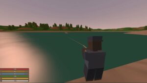 A screenshot of a character from Unturned waiting patiently as they fish in a lake