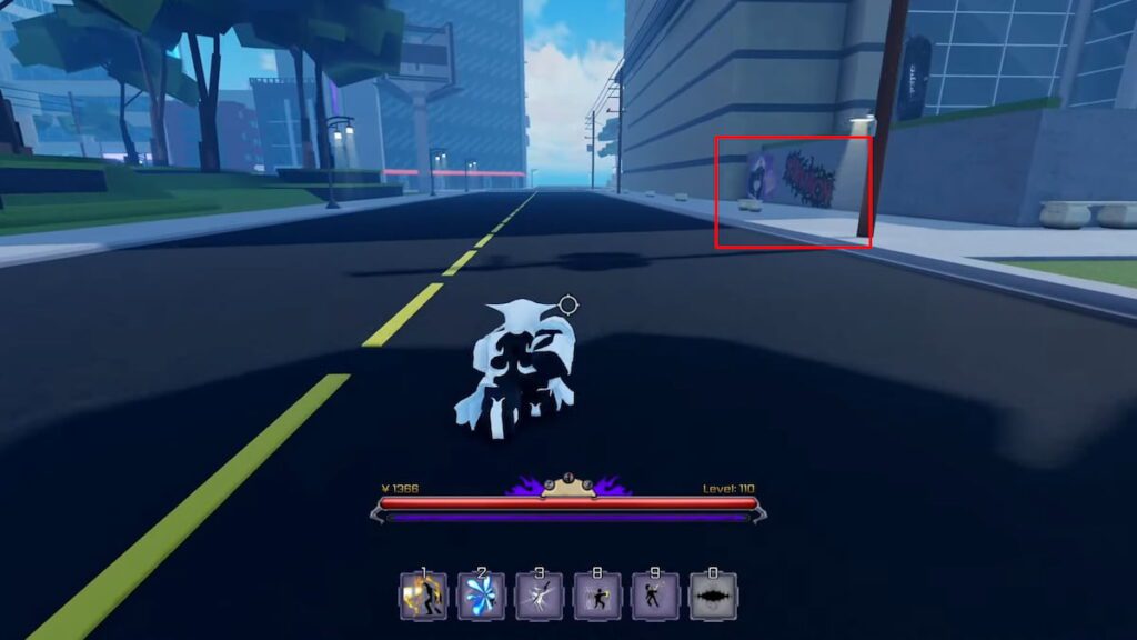 Uma captura de tela de um jogador Roblox indo em direção ao Shady Shinigami com graffiti à direita