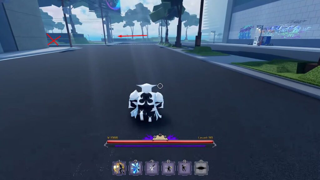 Uma captura de tela de um jogador Roblox indo em direção ao Shady Shinigami