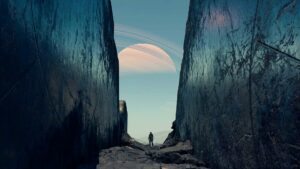 A character stands between two walls on an alien planet in a valley with a planet in the sky in the distance