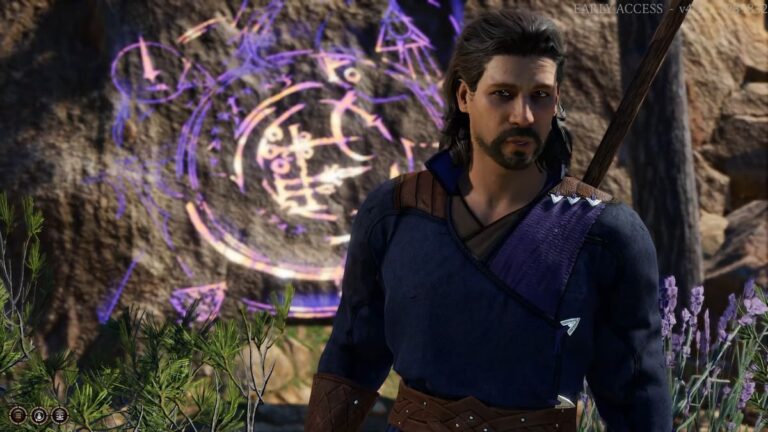 Gale from Baldur's Gate 3 having a conversation with a purple sigil on the wall behind him.