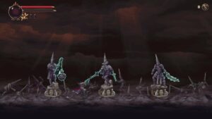 A screenshot from Blasphemous 2 standing in front of three weapons