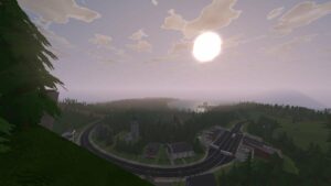 A screenshot of a gorgeous view overlooking a forest, a small village and a dock in Unturned