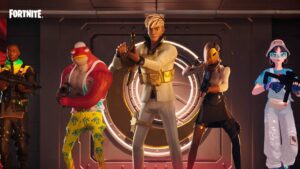 Fish Thicc, Khaby Lame, and three other battle pass skins hold guns in front of a vault door