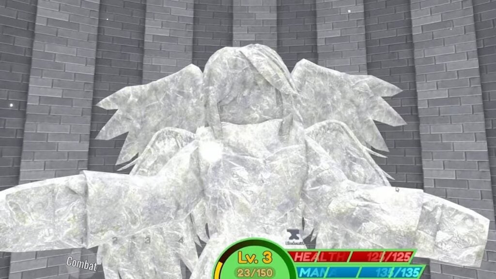 Uma captura de tela do Black Grimoire Odyssey mostrando a estátua do Grimoire na Grimoire Tower, de onde você obtém seu Grimoire