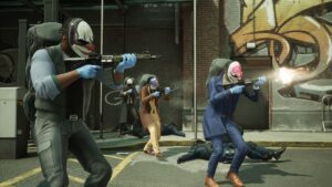 Characters in Payday 3 wearing masks and shooting guns