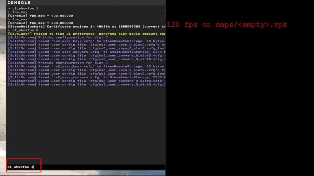 Exibição de comando CS2 FPS