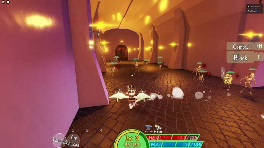 Uma captura de tela de Black Grimoire Odyssey de personagens Roblox lutando contra esqueletos