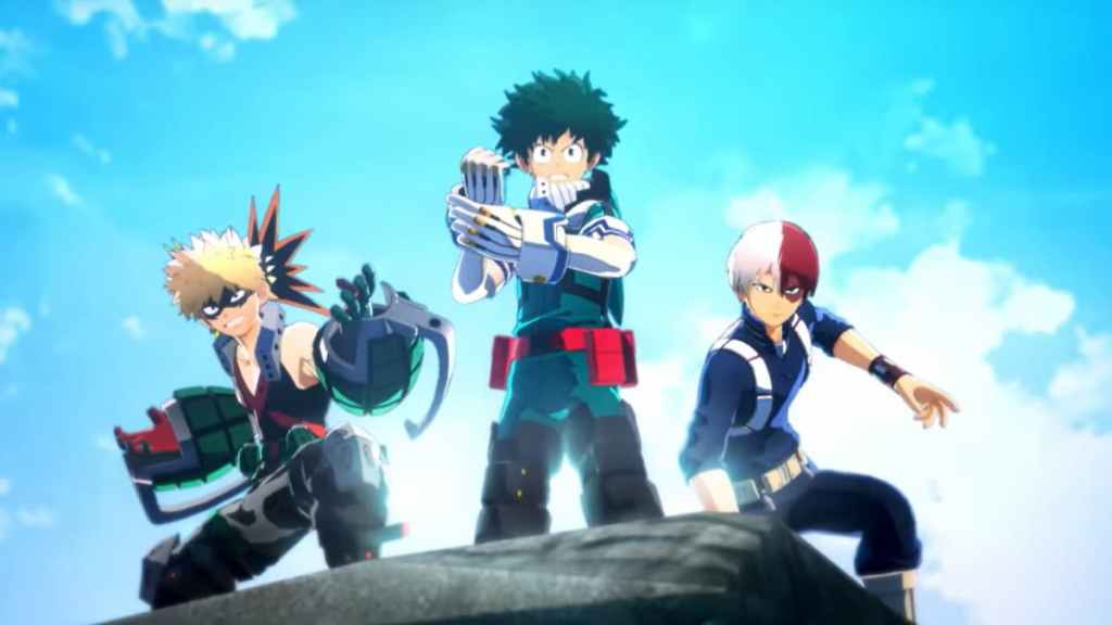 Izuku, Bakugo e Todoroki em My Hero Ultra Rumble