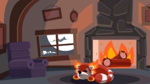 Artwork from Adopt Me! showing cozy cuddly molten pet sleeping by a fire