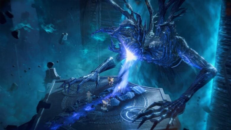 Dragonheir Silent Gods Blue Boss disparando raio de energia