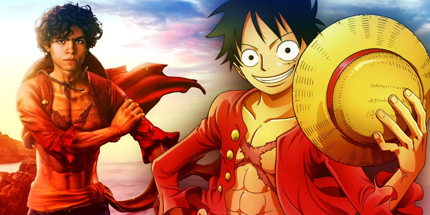 Iñaki Godoy como Monkey D. Luffy no programa de ação ao vivo da Netflix One Piece, e Monkey D. Luffy como visto no anime One Piece