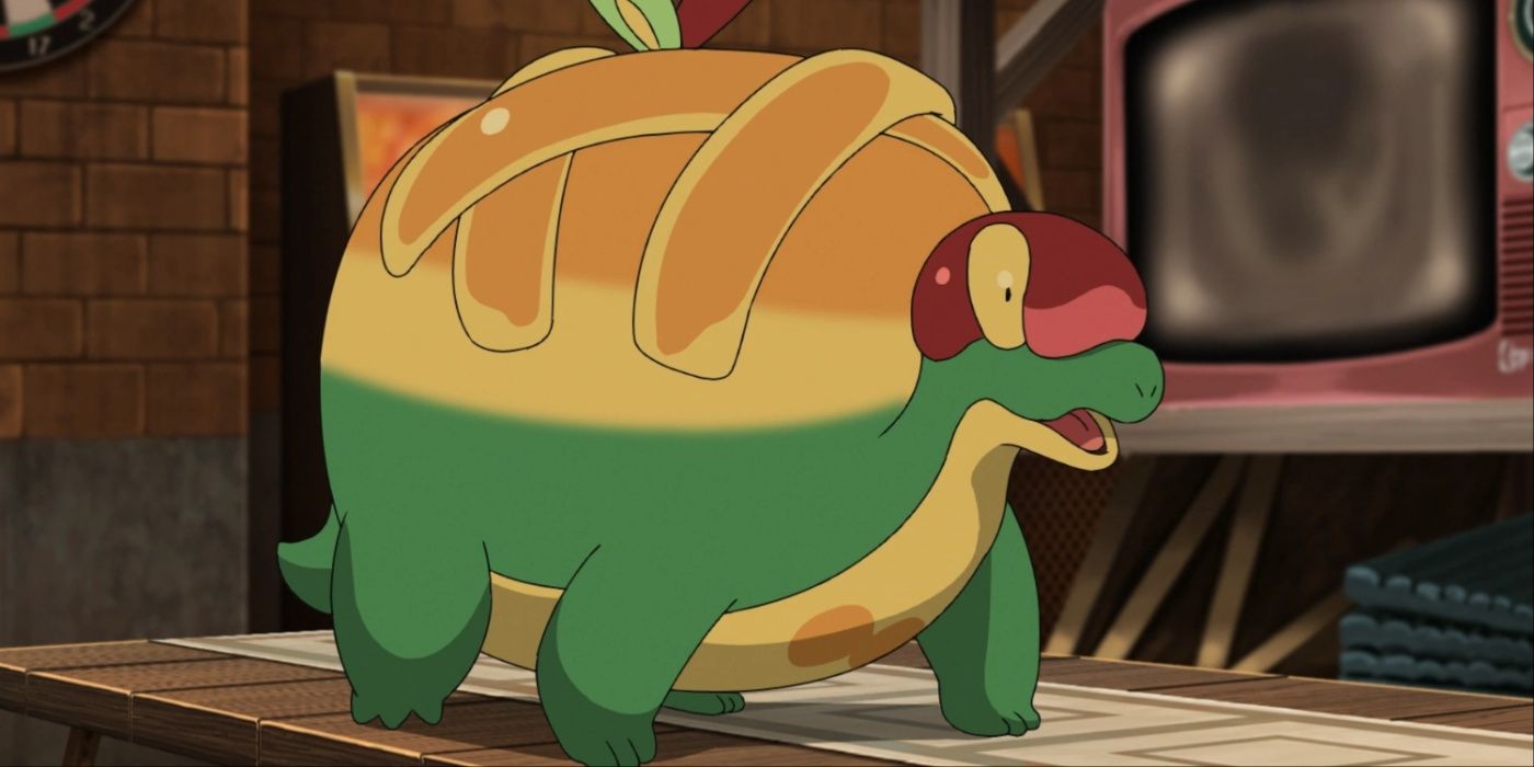 Appletun em uma mesa no anime Pokémon