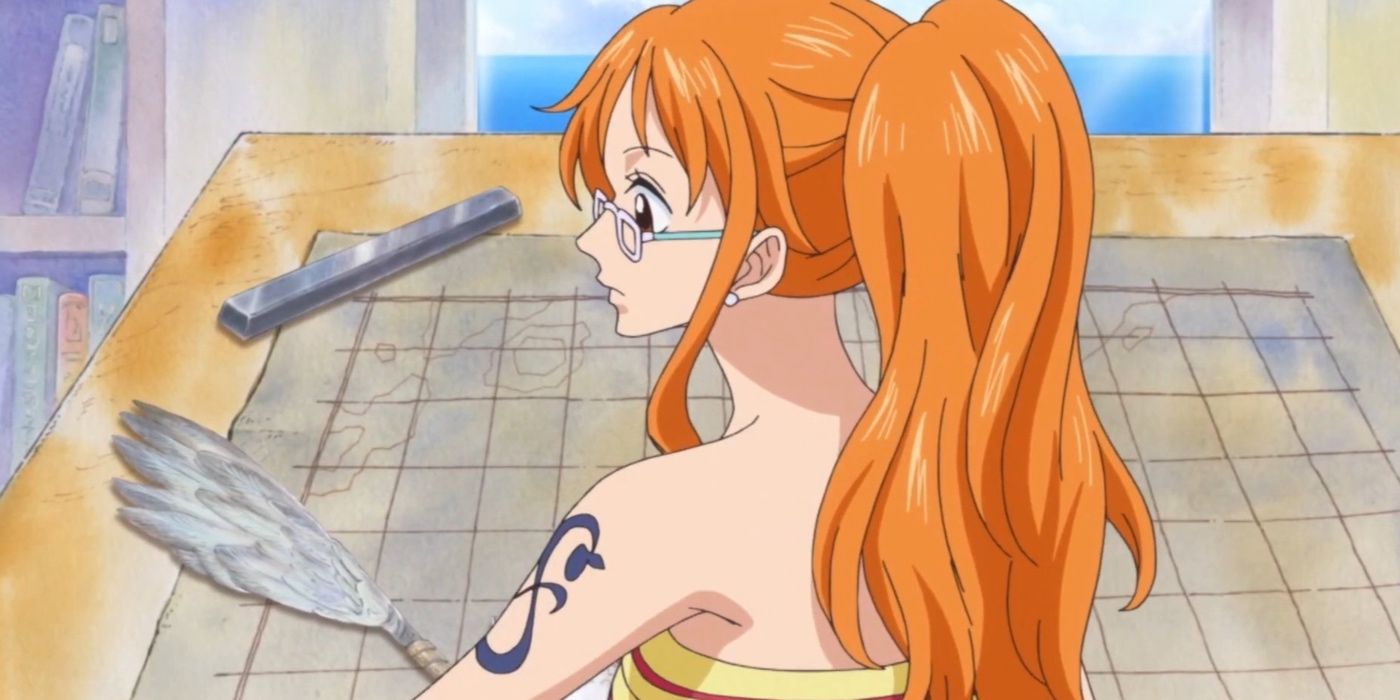 Nami desenhando um mapa em One Piece