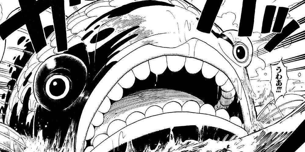 Um painel de mangá de Island Eater de One Piece, uma mentira que se tornou realidade.