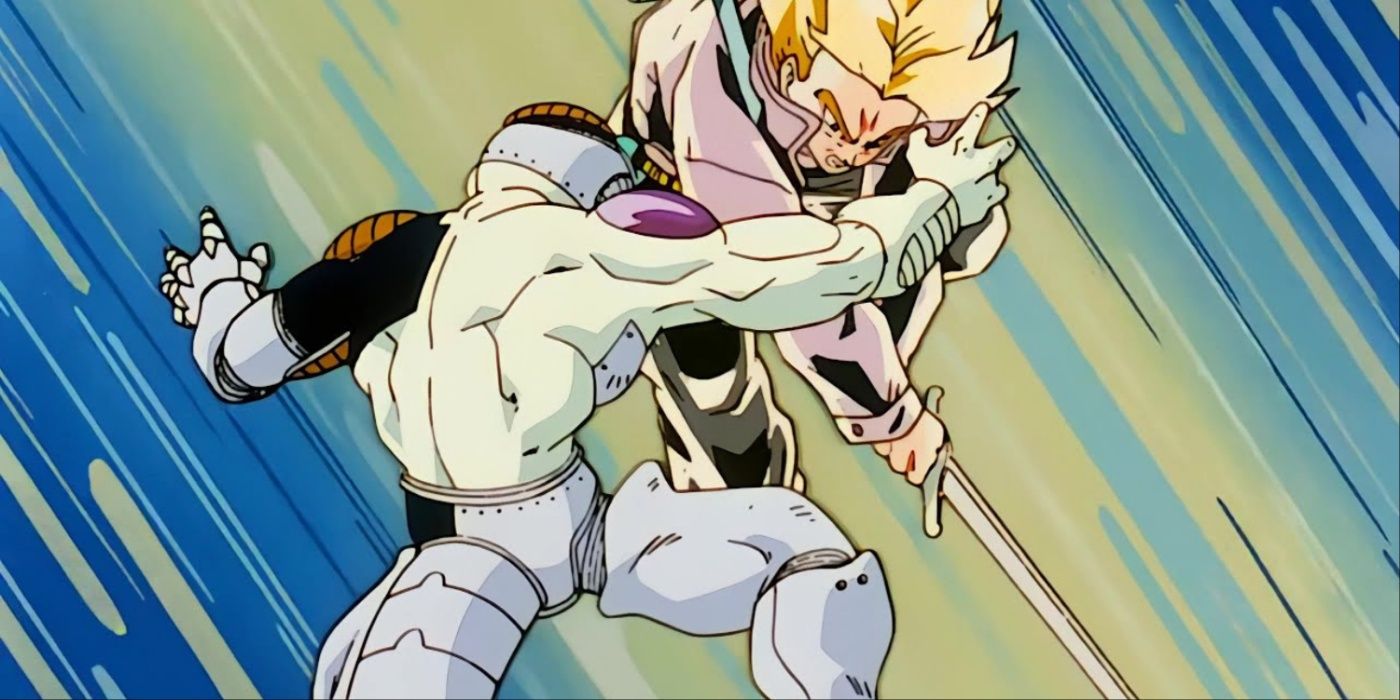 Futuro Trunks cortando Freeza ao meio em Dragon Ball Z