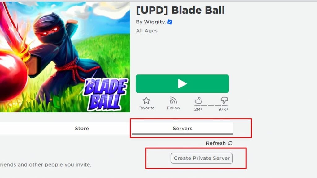 Página do jogo do servidor privado Blade Ball