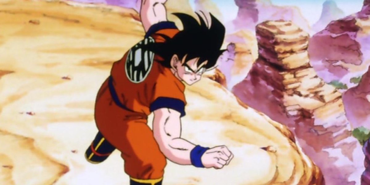 Goku em sua posição de luta enquanto se prepara para lutar contra Vegeta em Dragon Ball Z