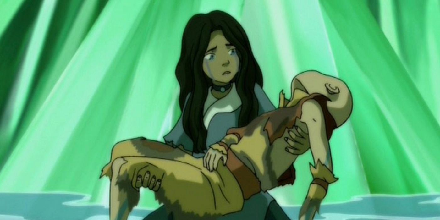 Katara chorando enquanto segura o corpo sem vida de Aang em Avatar: O Último Mestre do Ar. 