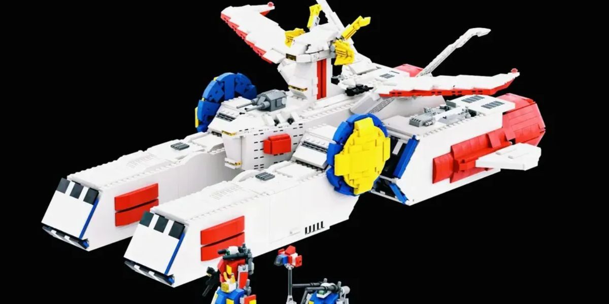 Uma réplica LEGO da base branca de Mobile Suit Gundam